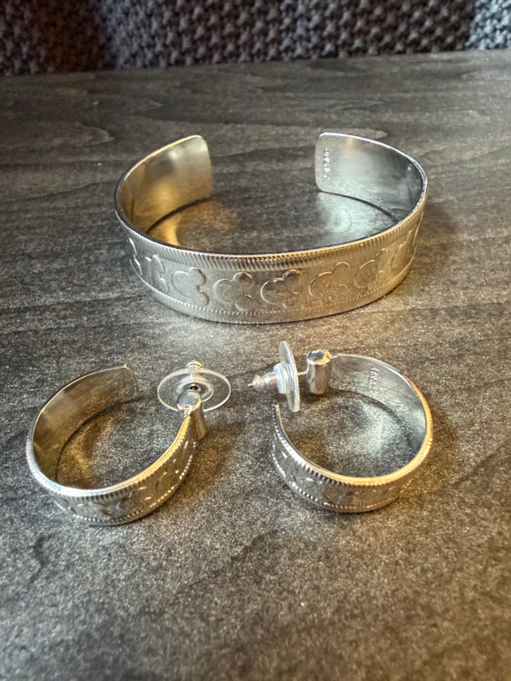 Silver Engraved Cuff Bracelet and Hoop Earring Set